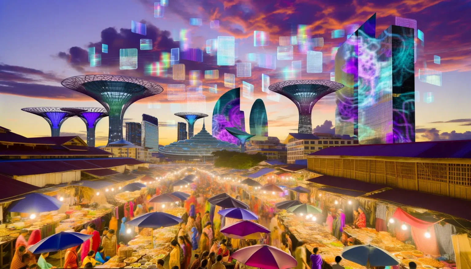 Eine lebhafte Marktszene bei Sonnenuntergang mit Menschen, die zwischen Ständen mit farbigen Schirmen schlendern, vor dem Hintergrund futuristischer Strukturen und Gebäude mit schwebenden digitalen Elementen, am Nachthimmel erscheinend.