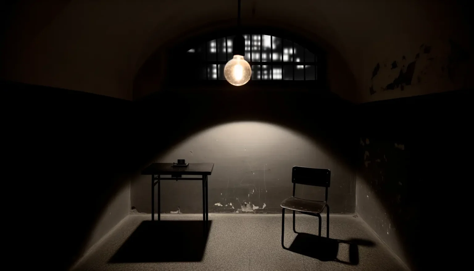 Ein dunkler Raum mit einem Tisch und darauf einer Kamera, daneben ein leerer Stuhl. Das schwache Licht kommt von einer Glühbirne, die direkt über dem Tisch hängt, und verdunkelten Fenstern im Hintergrund. Die Szene wirkt wie ein Verhörraum mit abblätternder Farbe an der Wand.