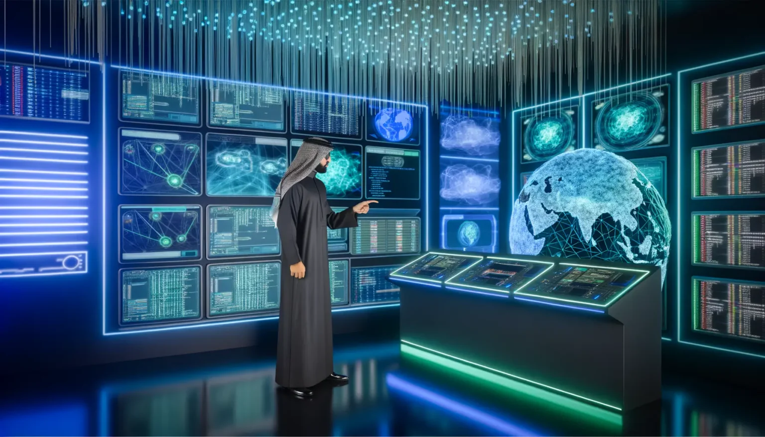 Eine Person in traditioneller arabischer Kleidung steht in einem hochmodernen Kontrollraum voller digitaler Bildschirme, die verschiedene Arten von Daten und Grafiken zeigen. Eine holographische Darstellung der Erde befindet sich in der Mitte des Raumes.