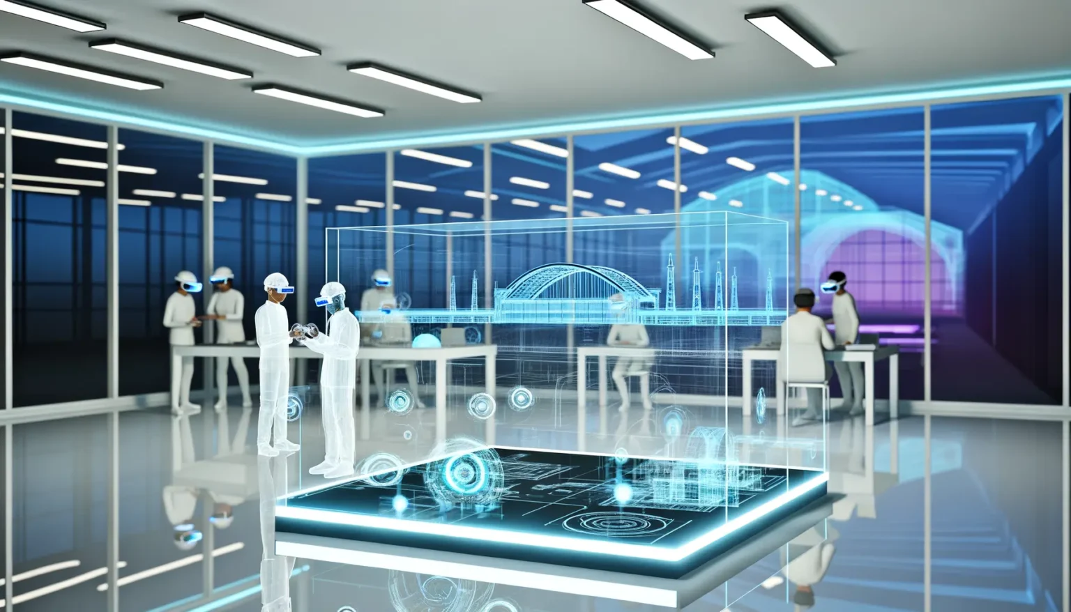 Mehrere Personen in futuristischen weißen Anzügen mit VR-Brillen interagieren mit holographischen Displays von Stadtstrukturen und Fahrzeugen in einem High-Tech-Büro. Ein hervorstechendes Merkmal ist ein holographischer Entwurf einer Brücke in der Mitte des Raumes.