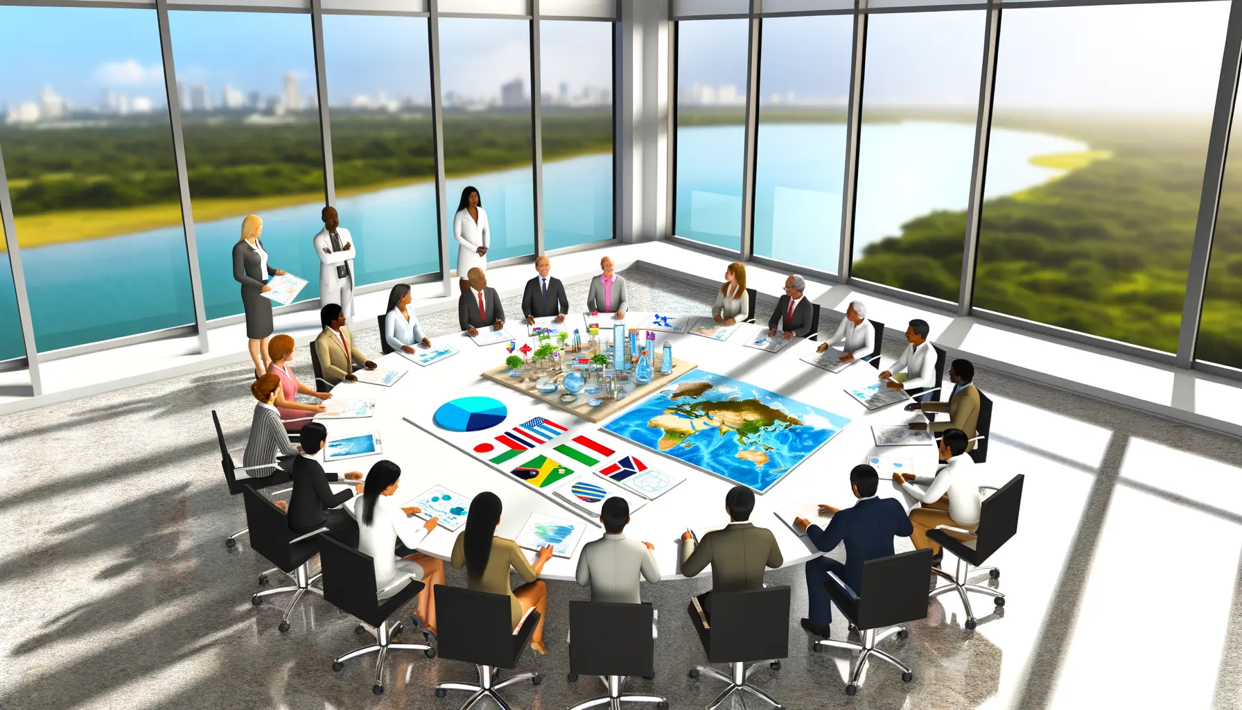 Digitale Illustration einer Versammlung von Menschen in einem Konferenzraum