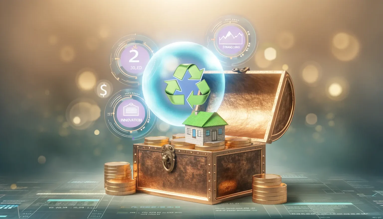 Eine Miniaturhaus-Modell auf einer alten Schatztruhe umgeben von Münzstapeln, überladen mit einer recyclebaren Weltkugel, auf einem digitalen Hintergrund mit grafischen Darstellungen von Finanz- und Innovationkonzepten.