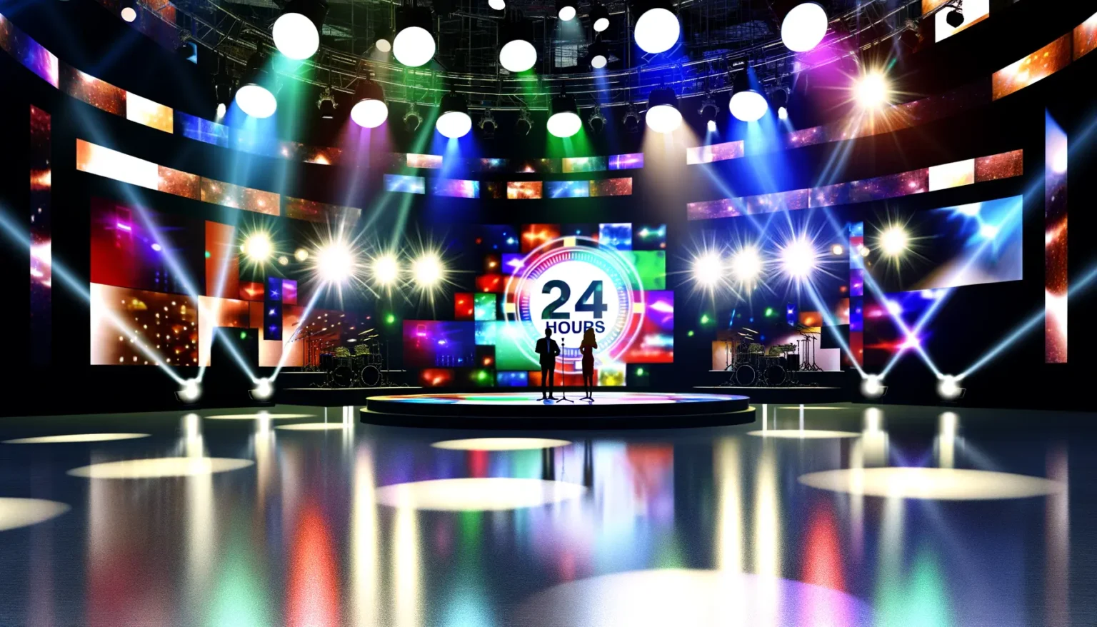 Eine buntes, beleuchtetes Fernsehstudio mit vielen Scheinwerfern und leuchtenden Bildschirmen, auf denen "24 HOURS" steht. Zwei Silhouetten stehen im Vordergrund auf einer Bühne und scheinen in ein Gespräch vertieft zu sein. Im Hintergrund ist eine Schlagzeugbühne zu sehen.