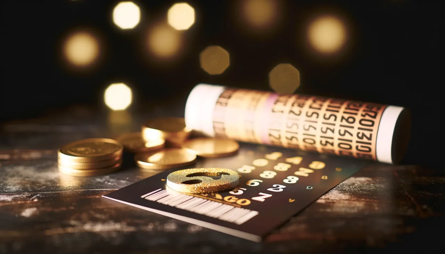 Glänzende Münzen und ein aufgerollter Geldschein neben einem glitzernden goldenen Euro-Zeichen auf einer Rubbelkarte, mit unscharfem Licht im Hintergrund auf einer dunklen Oberfläche.