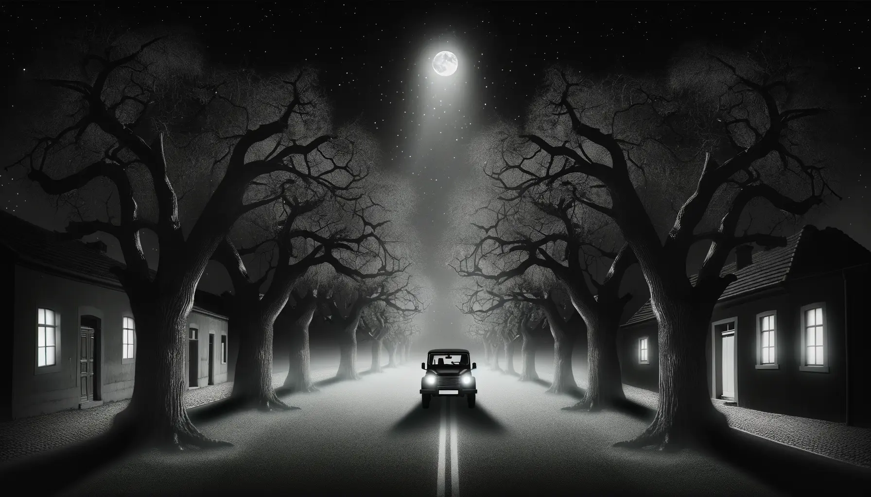 Dramatische Zeichnung einer leeren Straße bei Nacht