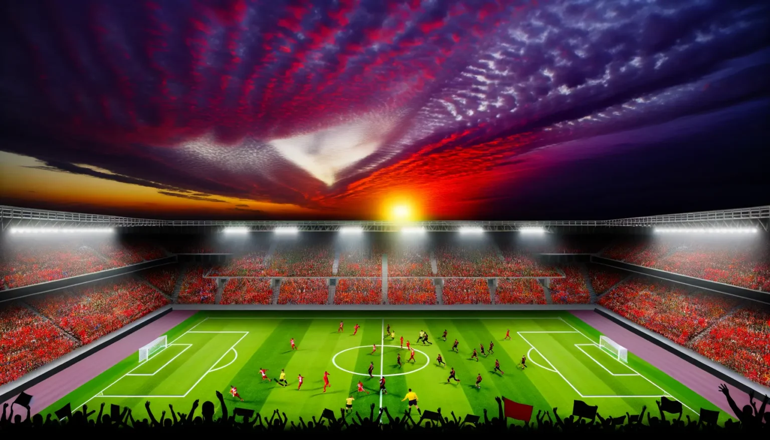 Voller Fußballstadion während eines Spiels bei Sonnenuntergang mit rotem und blauem Himmel. Fans in roten und weißen Farben füllen die Tribünen, während die Spieler auf dem Spielfeld in Aktion sind und Silhouetten von jubelnden Fans im Vordergrund zu sehen sind.
