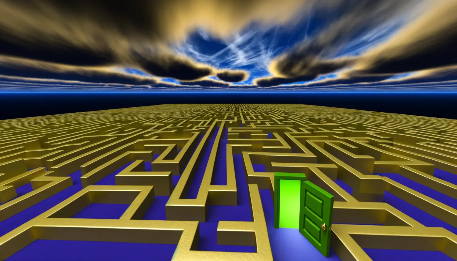 Digitales Konzeptbild eines großen goldenen Labyrinths mit einer leuchtend grünen Tür, die offen steht. Der Himmel im Hintergrund zeigt dramatische Wolkenformationen in Blau und Gold, die über dem ruhigen blauen Meer schweben.