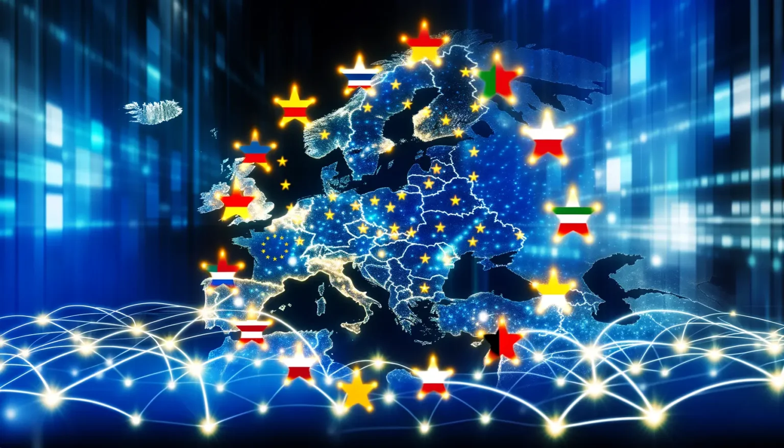 Eine stilisierte Darstellung Europas mit den Ländergrenzen, die durch leuchtende Sterne mit Netzwerkmustern und digitalen Datenströmen über einem blauen Hintergrund hervorgehoben sind. Über jedem Land schwebt ein Stern in der Farbe der jeweiligen Nationalflagge.