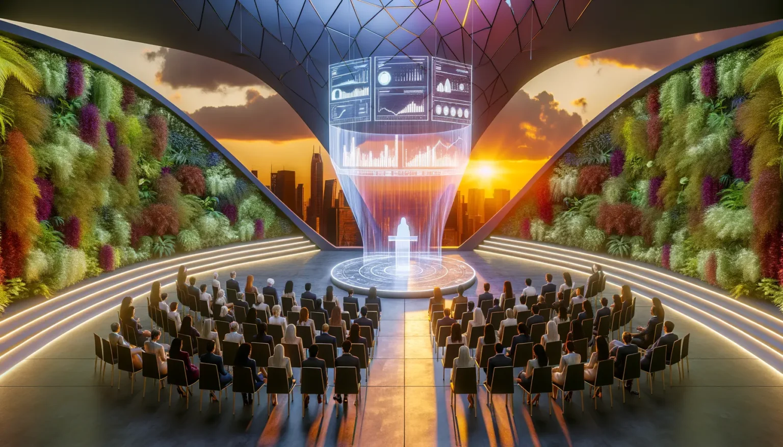 Ein futuristischer Vortragssaal mit einem Redner auf einer beleuchteten Plattform, der von holographischen Bildschirmen umgeben ist, die Daten und Grafiken anzeigen. Die Zuhörer sitzen in ordentlichen Reihen auf Stühlen und sind einem urbanen Sonnenuntergangshimmel zugewandt, der durch ein großes Fenster sichtbar ist. Vertikale Gärten flankieren beide Seiten des Raumes.
