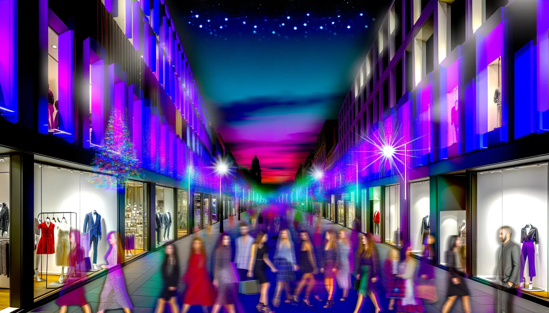 Dynamische abendliche Stadtszene mit Neonlichtern