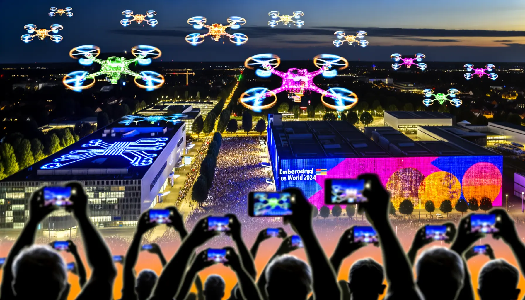Dynamische farbenfrohe Drohnenshow über Nürnberg 2024