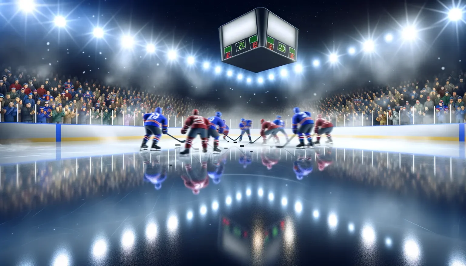 Eine emotionale Szene eines Eishockeyspiels bei Nacht in einer beleuchteten Arena mit zwei Mannschaften in blauen und roten Trikots, die sich auf das Spiel vorbereiten. Die Spieler sind auf dem Eis verteilt, mit zwei Spielern, die sich auf einen Anstoß konzentrieren. Die spiegelglatte Eisfläche reflektiert die Spieler und die hellen Stadionlichter. Die Zuschauertribünen sind randvoll mit begeisterten Fans in warmer Winterkleidung. Über dem Eis hängt eine Anzeigetafel, die den Spielstand 2-2 zeigt, was auf eine hohe Spannung im Spiel hindeutet.
