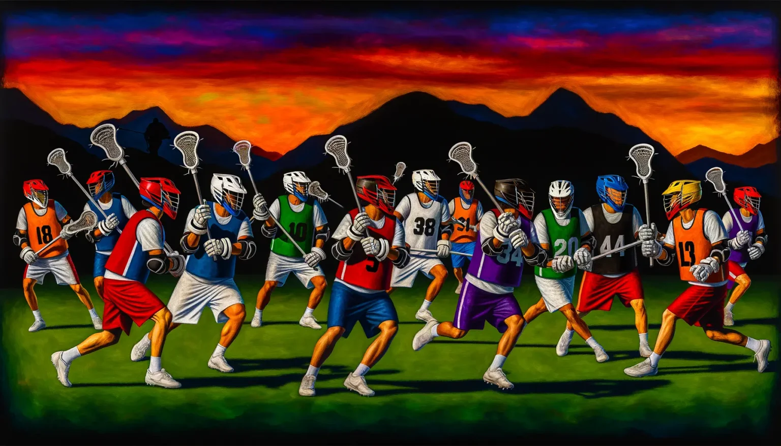 Eine Gruppe von Lacrosse-Spielern in verschiedenen Trikots rennt energisch über ein Spielfeld mit Schlägern in der Hand gegen einen Hintergrund eines dramatischen Himmels mit leuchtenden orange-roten Farben über dunklen Bergen im Sonnenuntergang.