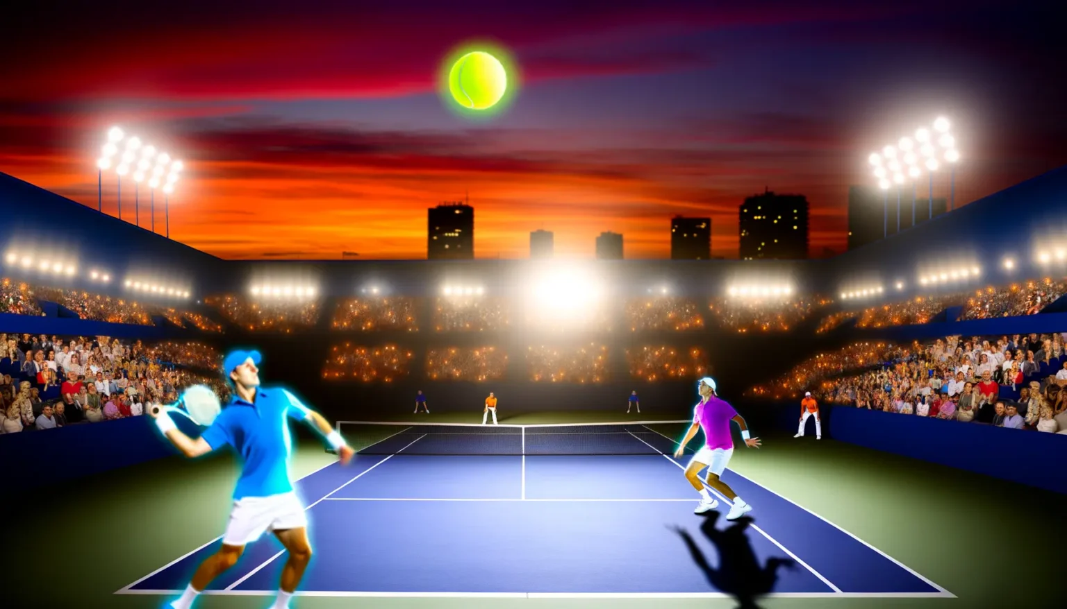 Vier Tennisspieler in einem Doppelmatch bei Nacht in einem großen Stadion unter künstlicher Beleuchtung mit einem leuchtenden Tennisball in der Bildmitte gegen einen dramatischen Sonnenuntergangshimmel im Hintergrund. Das Publikum rund um den Platz erscheint begeistert und aufmerksam während des Spiels.