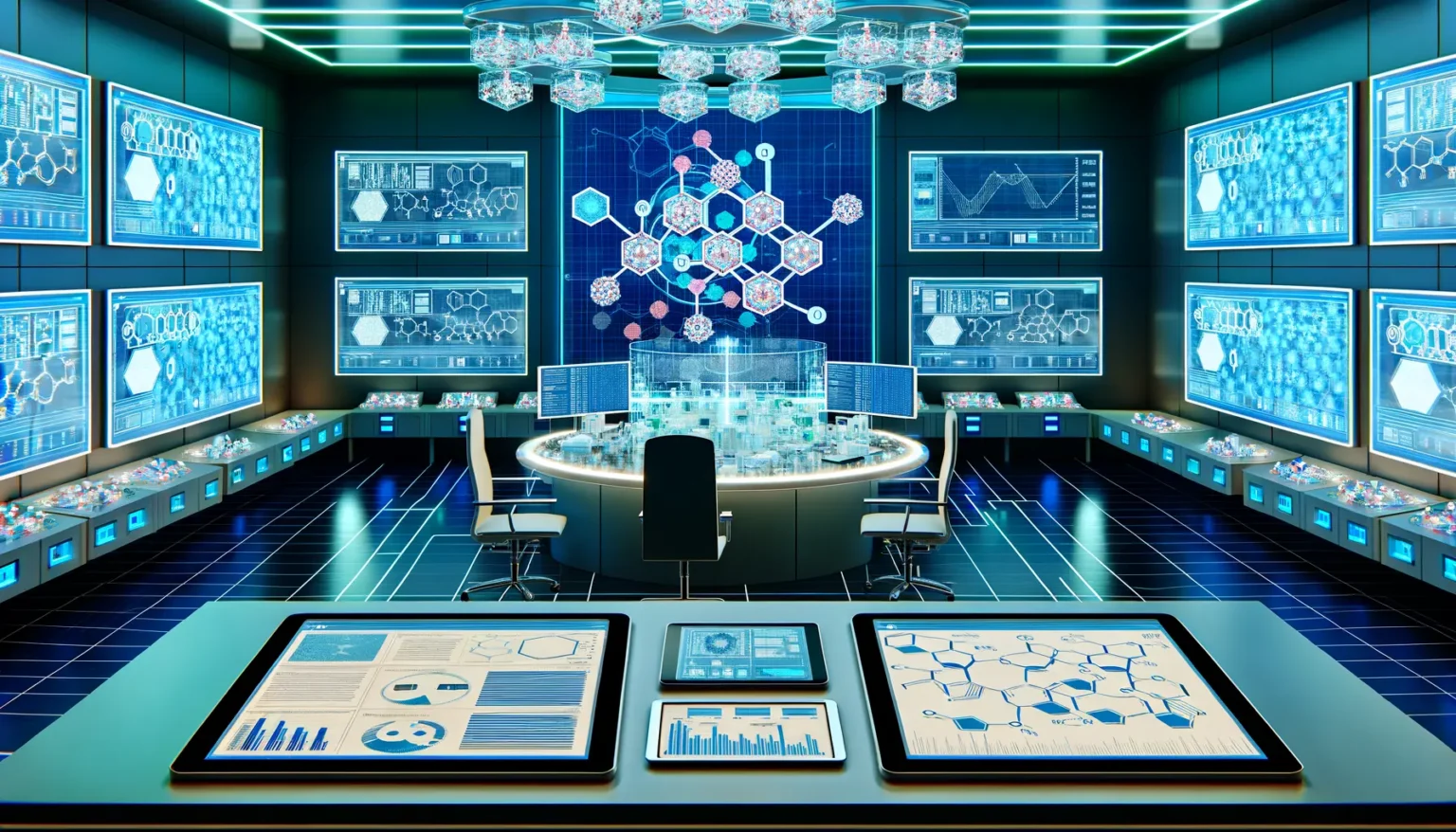 Ein hochmodernes Kontrollzentrum mit zahlreichen Bildschirmen an den Wänden, die verschiedene grafische Datenanzeigen und Diagramme zeigen. In der Mitte befindet sich eine runde Konsole mit transparenten Digitalanzeigen, umgeben von Stühlen. Über der Konsole schwebt ein komplexes leuchtendes Display, das an ein Molekülmodell erinnert. Der Raum ist in Blau- und Cyantönen gehalten, was ihm ein futuristisches, technologisches Flair verleiht. Im Vordergrund sind Tablets auf einem Tisch platziert, die ebenfalls mit Diagrammen und Daten bespielt sind.