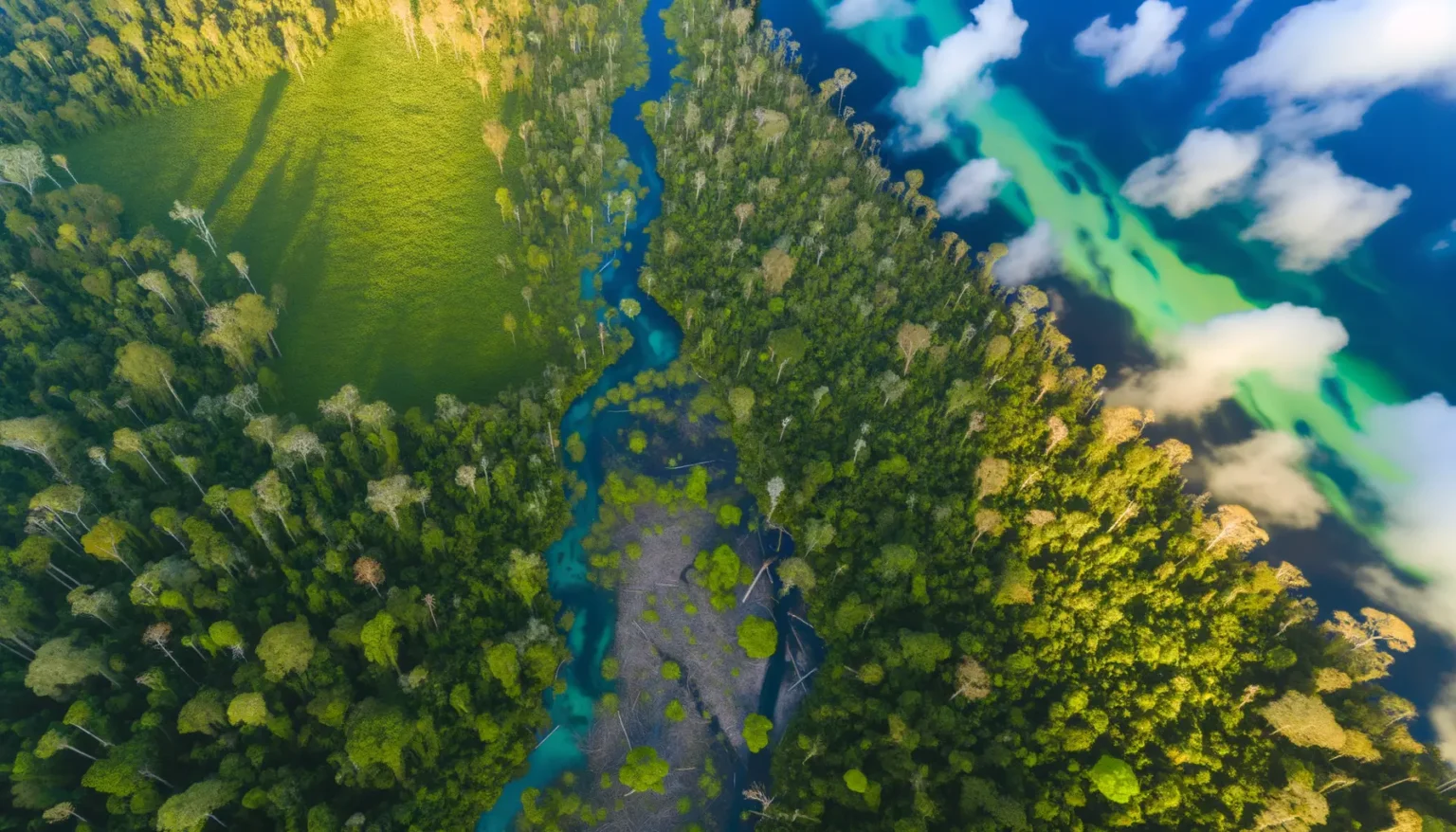 Luftaufnahme eines gewundenen Flusses mit klarem türkisfarbenem Wasser, der sich durch eine dichte, grüne Waldlandschaft schlängelt, begleitet von Wolken, die sich im blendend blauen Wasser spiegeln. Die Sonne beleuchtet die Szene und erzeugt ein lebendiges Spektrum von Grüntönen auf der Vegetation und ein dynamisches Spiel von Licht und Schatten auf dem Wasser und dem Wald.