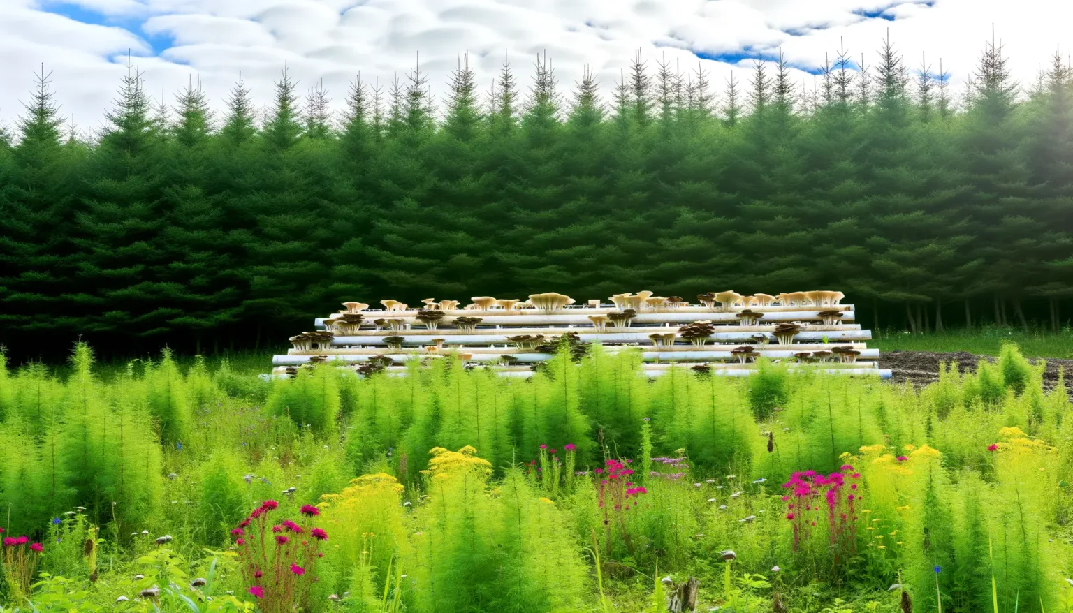 Ein Bild von mehrstufigen Pilzkulturen auf Regalen im Freien mit einem lebhaften Hintergrund aus grünen Bäumen und Wildblumen im Vordergrund.