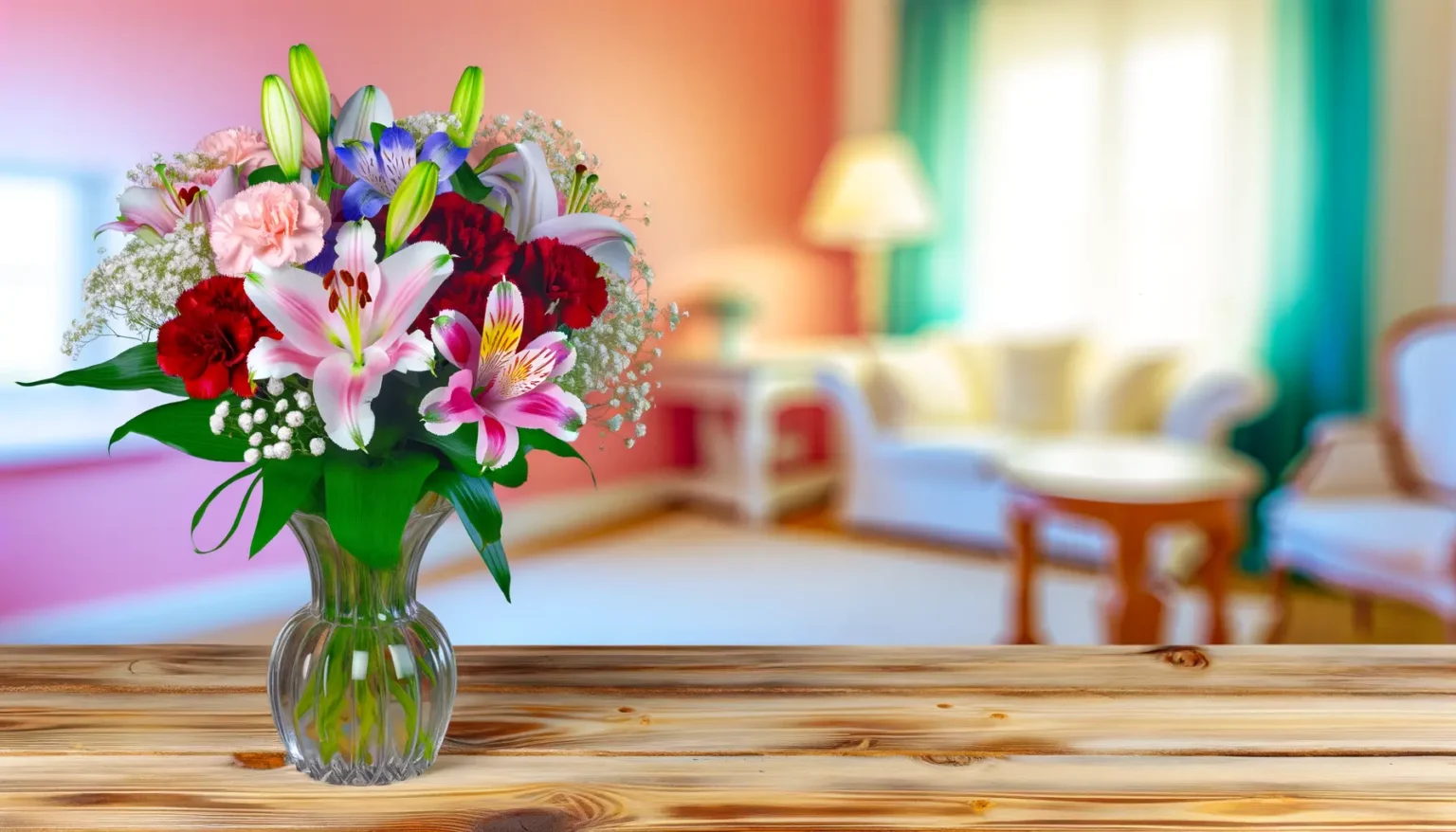 Ein üppiger Strauß verschiedener Blumen in einer Glasvase auf einer Holzoberfläche, im Hintergrund eine unscharf dargestellte, helle Wohnzimmereinrichtung mit Sofas und einer stehenden Lampe.