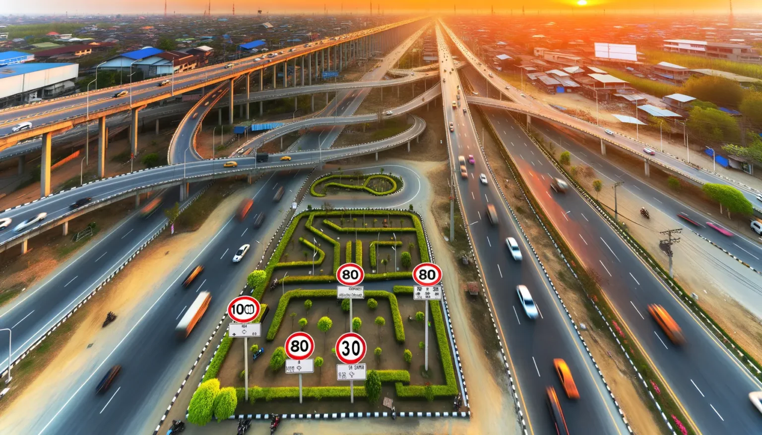 Luftaufnahme eines komplexen Autobahnkreuzes bei Sonnenuntergang mit dynamischen Fahrzeugbewegungen und einem grün gestalteten Labyrinth in der Mitte, das von zahlreichen Geschwindigkeitsschildern umgeben ist.