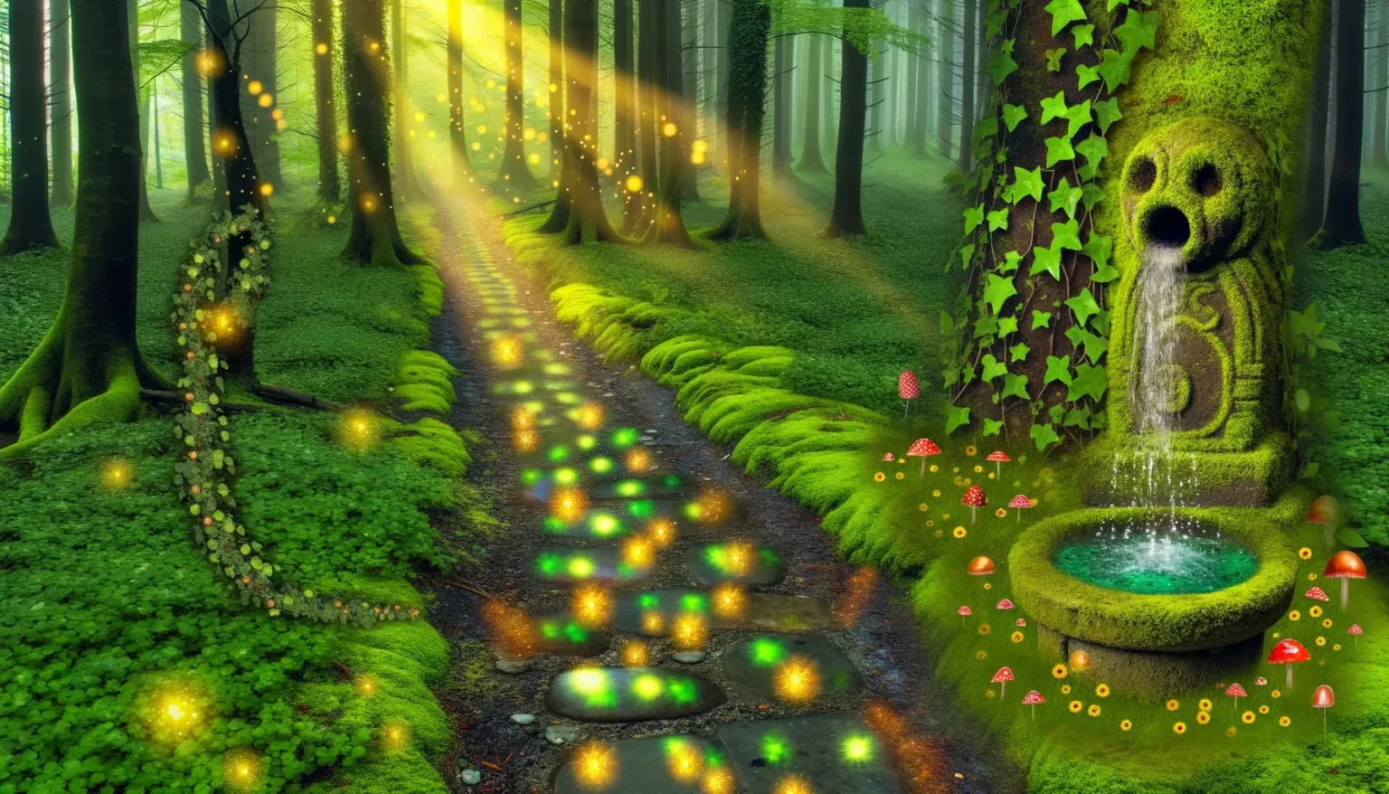 Ein verzauberter Wald mit leuchtenden Steinen auf einem Pfad, der einen Bach überquert, umgeben von üppigem, grünem Moos und Bäumen. Sonnenstrahlen scheinen durch die Baumkronen, während im rechten Bildteil eine von Efeu umrankte steinerne Quellskulptur Wasser in ein Becken speit. Farbenprächtige Pilze und leuchtende Partikel verleihen der Szene eine magische Atmosphäre.
