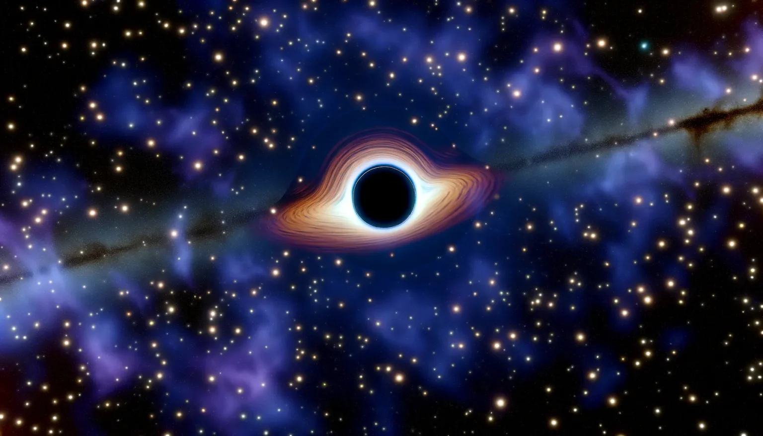 Digitale Darstellung eines Schwarzen Lochs mit Akkretionsscheibe im Weltraum, umgeben von zahlreichen Sternen und interstellarer Materie.