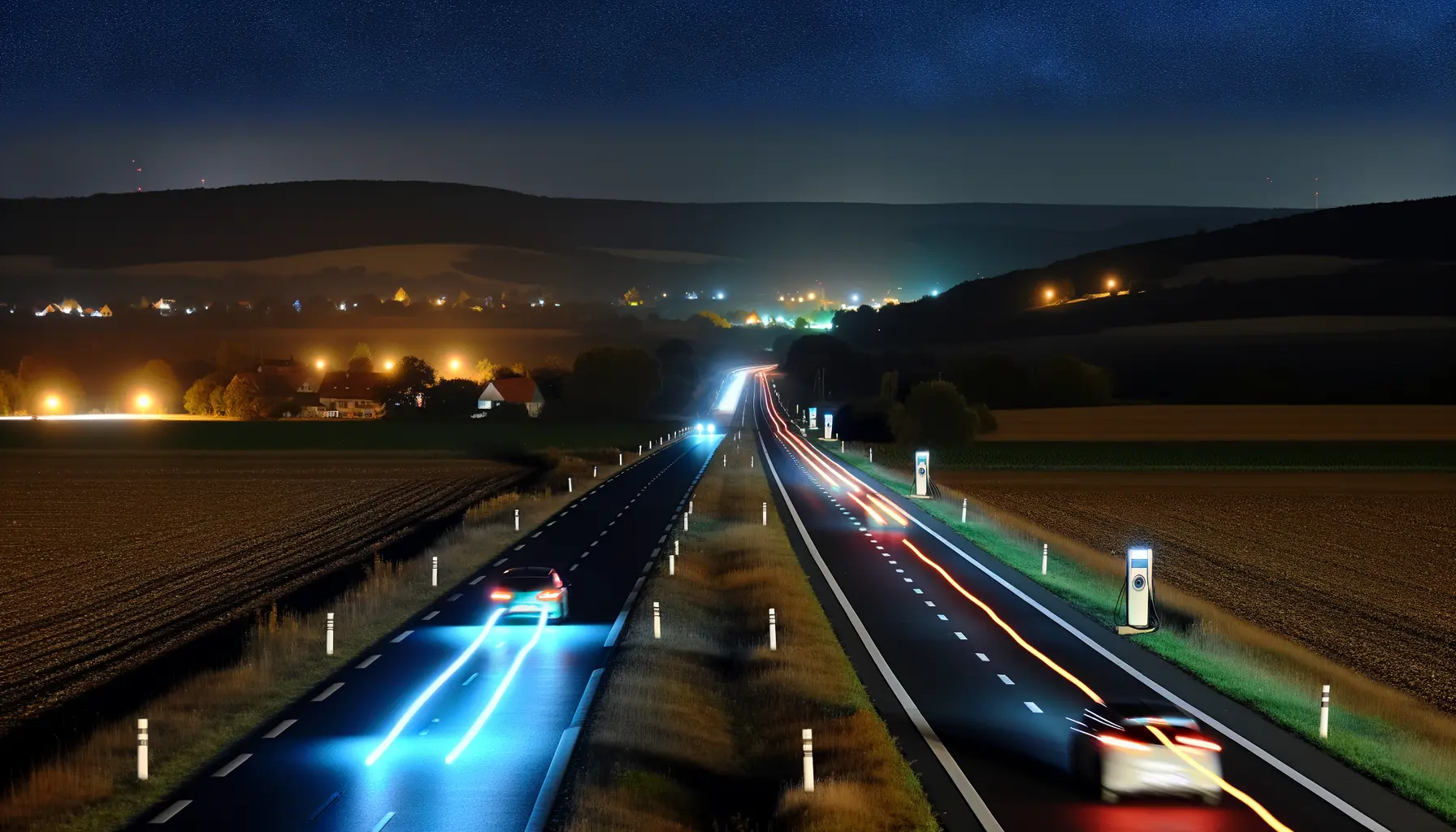Elektroautos bei Nacht auf der Autobahn