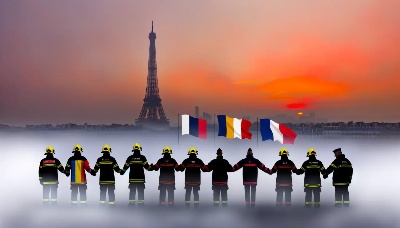 Eine Gruppe von Feuerwehrleuten, die in einer Reihe stehen und sich an den Händen halten, vor dem Hintergrund des Eiffelturms in Paris während der Dämmerung mit einem dramatischen orangefarbenen Himmel und französischen Flaggen, die im Wind wehen, teilweise in Nebel gehüllt.