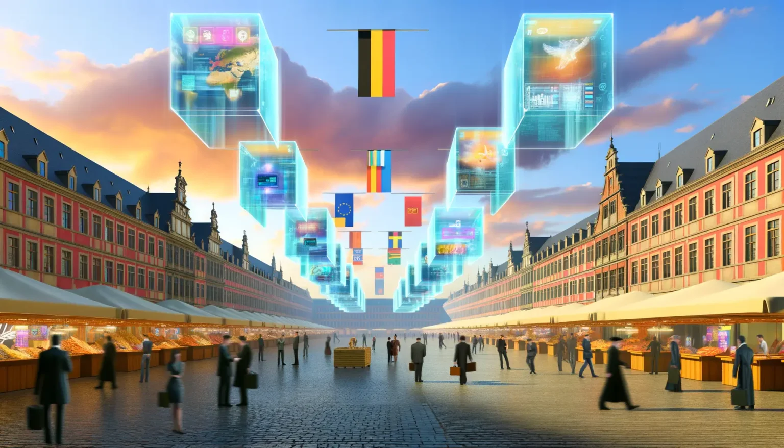 Futuristische Darstellung einer belebten Marktplatzszene mit traditioneller Architektur und schwebenden, holographischen Displays, die verschiedene Daten und Symbole zeigen, vor einem Himmel mit dramatischen Wolken bei Sonnenuntergang.
