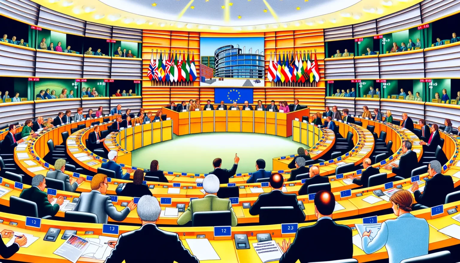 Illustration eines Parlamentssaals mit abgestuften Sitzreihen, in dem Delegierte in formeller Kleidung sitzen und diskutieren. In der Mitte befindet sich ein Halbkreis mit Mitgliedern, die ebenso formell gekleidet sind und auf eine EU-Flagge und nationale Flaggen vor einem Bild des Europäischen Parlaments blicken. Über dem Zentrum schweben stilisiert leuchtende Sterne an der Decke.