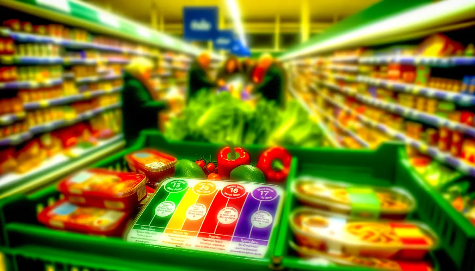 Ein Einkaufswagen gefüllt mit frischem Obst und Gemüse sowie einigen verpackten Lebensmitteln im Vordergrund, unscharfer Hintergrund zeigt Supermarktregale und Einkäufer.