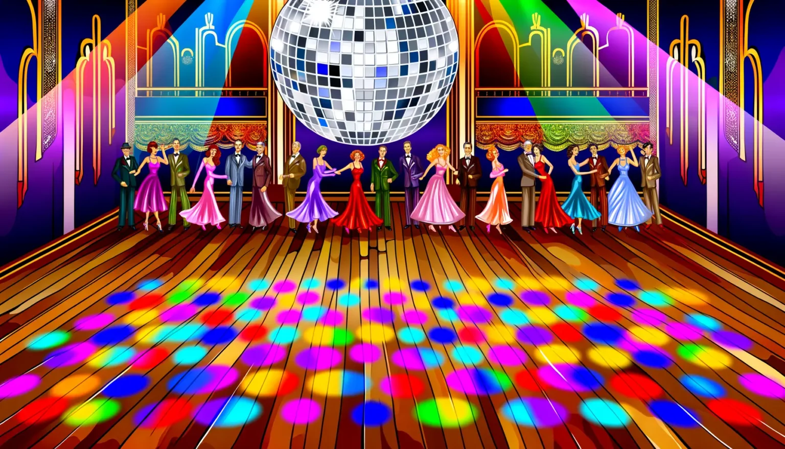 Eine bunte, lebhafte Szene eines Ballsaals mit elegant gekleideten Paaren, die auf einem Holztanzboden unter einer glitzernden Diskokugel tanzen. Reflektierte Lichter in verschiedenen Farben zieren den Boden und erzeugen eine lebendige Atmosphäre. Der Raum ist reich verziert mit purpurnen, blauen und goldenen Akzenten und Vorhängen, die einen luxuriösen Hintergrund bieten.