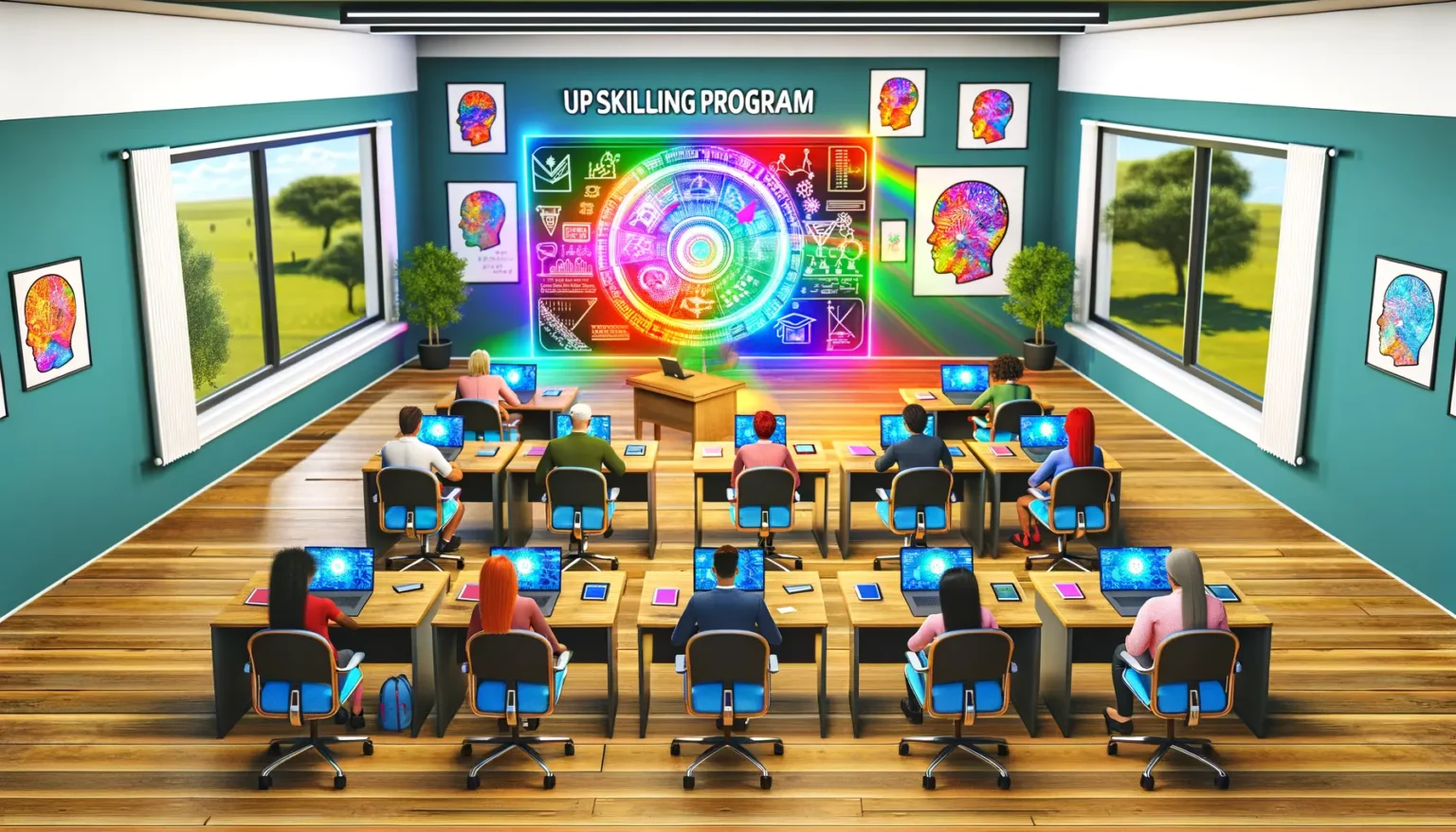Ein modern gestaltetes Klassenzimmer mit mehreren Personen, die an Computern arbeiten, mit bunten grafischen Darstellungen an den Wänden und einem großen, farbenfrohen Rad mit verschiedenen Symbolen, welches das "Up Skilling Program" anzeigt, an der Stirnwand. Außerhalb der Fenster ist eine idyllische Landschaft zu sehen.