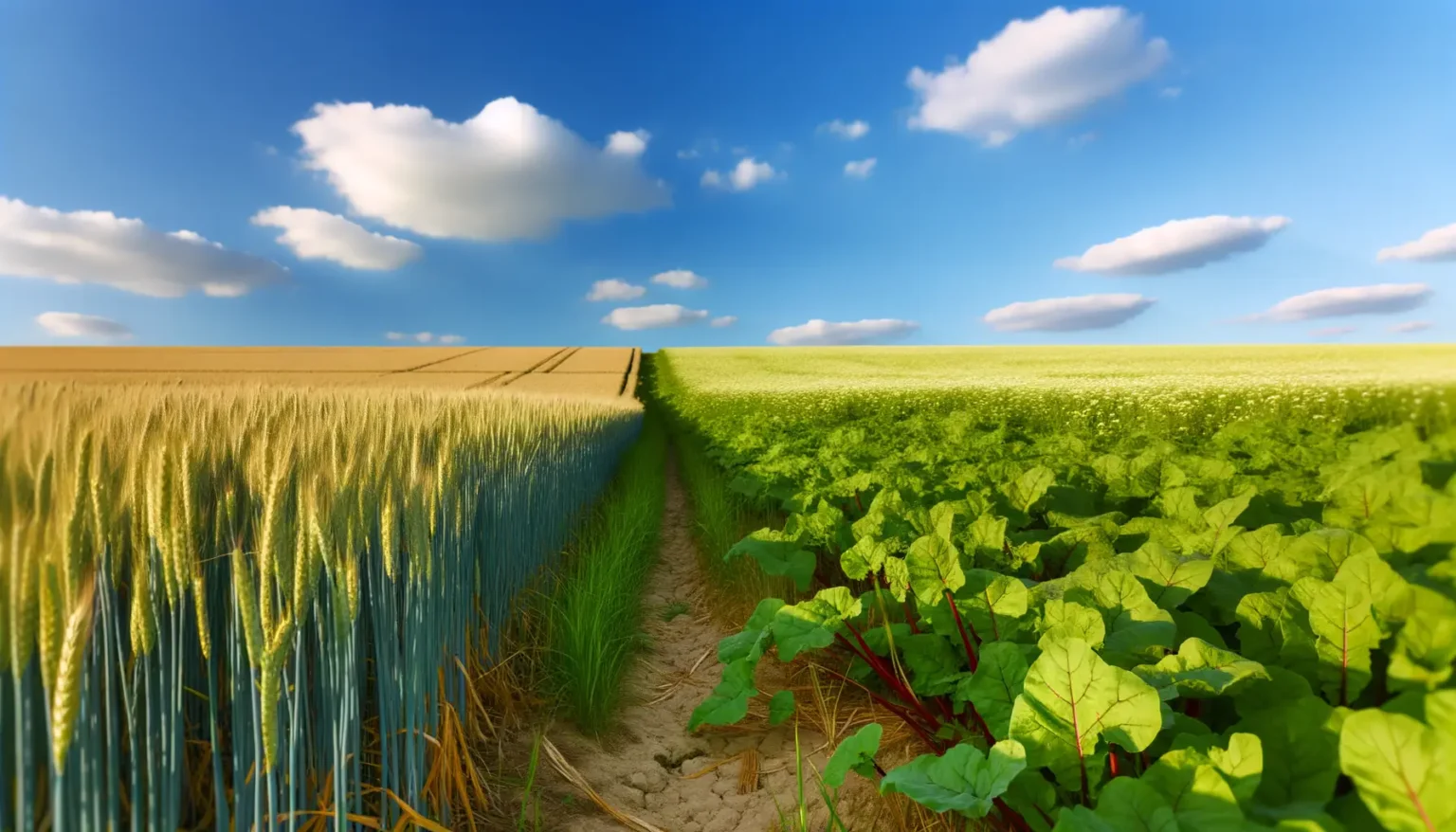 Ein Pfad trennt zwei landwirtschaftliche Felder unter einem blauen Himmel mit flauschigen Wolken; links ein Feld mit goldgelben reifen Weizenähren und rechts ein Feld mit grünen Blättern von Rhabarber oder einer ähnlichen Pflanze.
