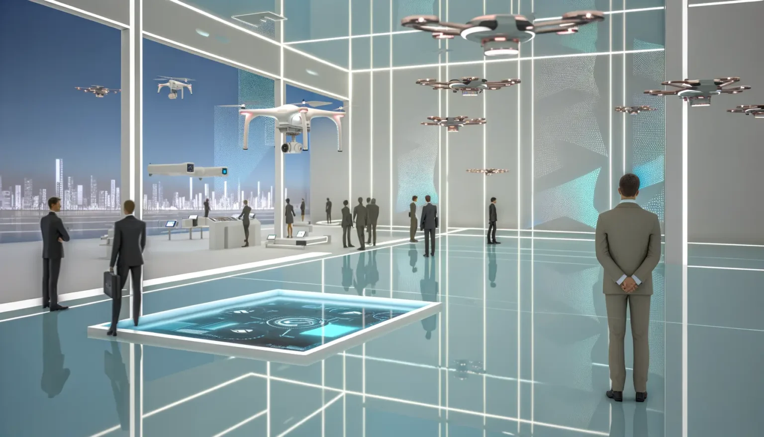 Futuristische Lobby mit mehreren Personen, die Anzüge tragen und Drohnen, die im Raum schweben. Die Umgebung hat ein modernes Design mit transparenten Oberflächen und digitalen Anzeigen. Im Hintergrund ist eine städtische Skyline durch die Fenster sichtbar.