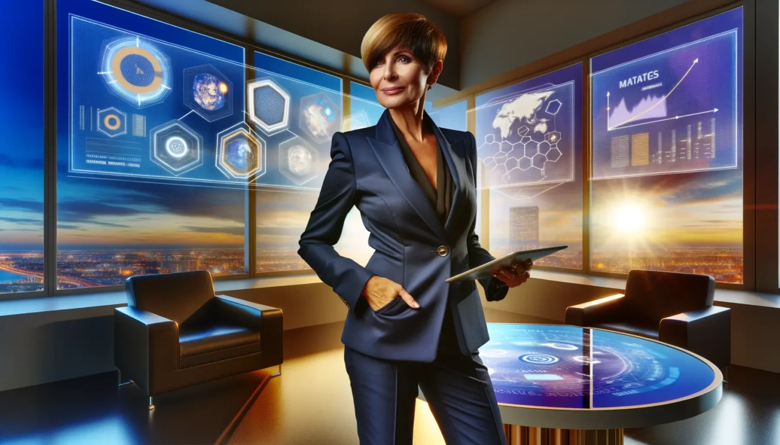 Eine Person in einem eleganten blauen Anzug steht in einem modernen Büro mit futuristischen Touchscreens und Grafiken auf transparenten Displays. Die Person hält ein Tablet und sieht selbstbewusst in die Kamera. Im Hintergrund ist durch große Fenster ein Sonnenuntergang über einer Stadtlandschaft zu sehen.