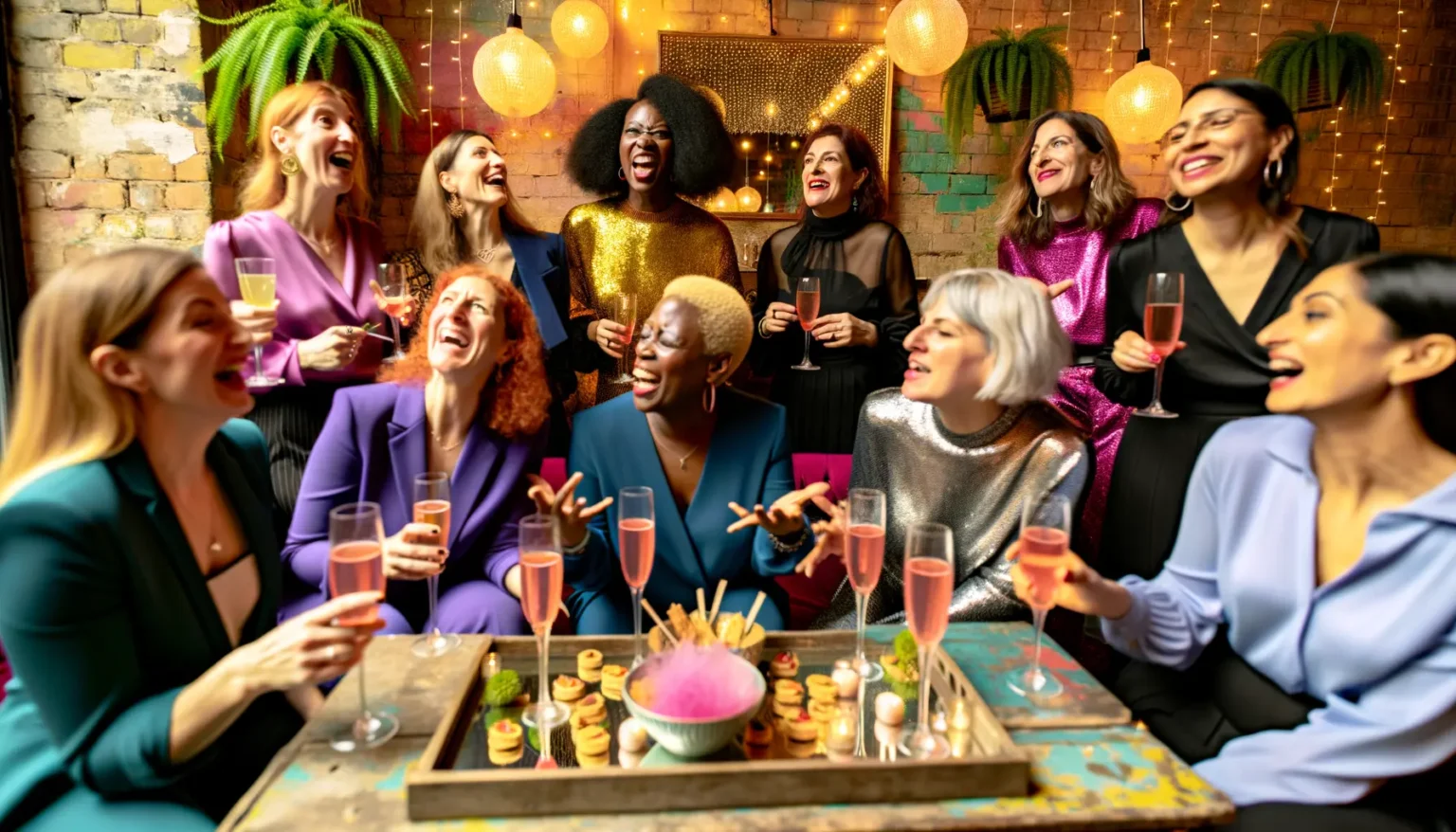 Eine Gruppe fröhlicher Frauen verschiedener Ethnien feiert zusammen in einem Raum mit Ziegelwand und festlicher Beleuchtung. Sie lachen und halten Sektgläser, während auf einem Tisch im Vordergrund Canapés und ein Glas mit rosa Zuckerwatte stehen. Die Frauen tragen festliche Kleidung in leuchtenden Farben und schimmernden Stoffen.
