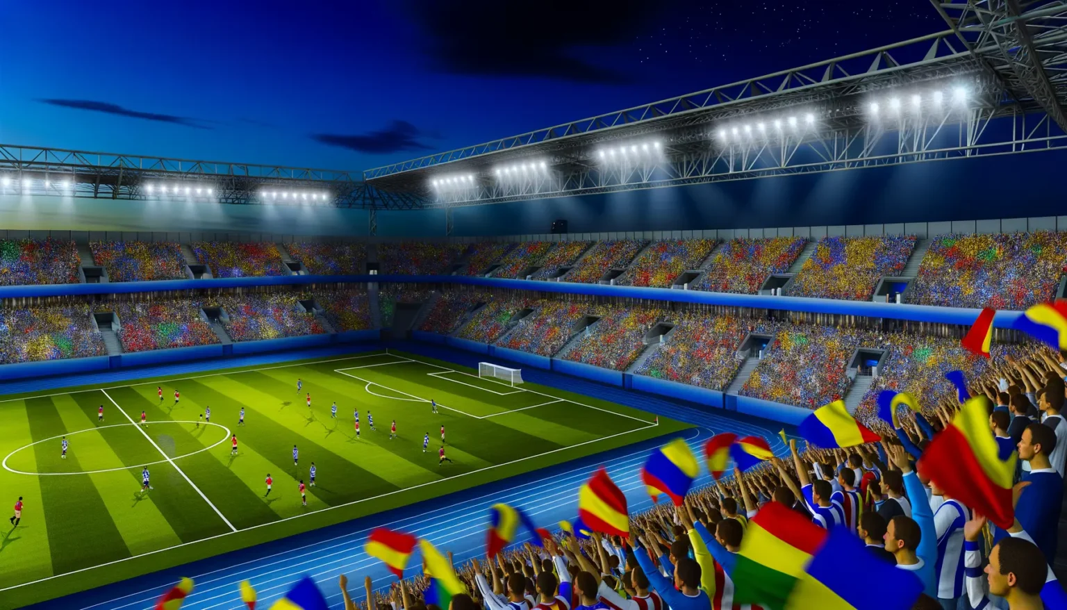 Ein beleuchtetes Fußballstadion bei Nacht voller Zuschauer mit einem laufenden Spiel. Mehrere Fans im Vordergrund schwenken begeistert Flaggen.