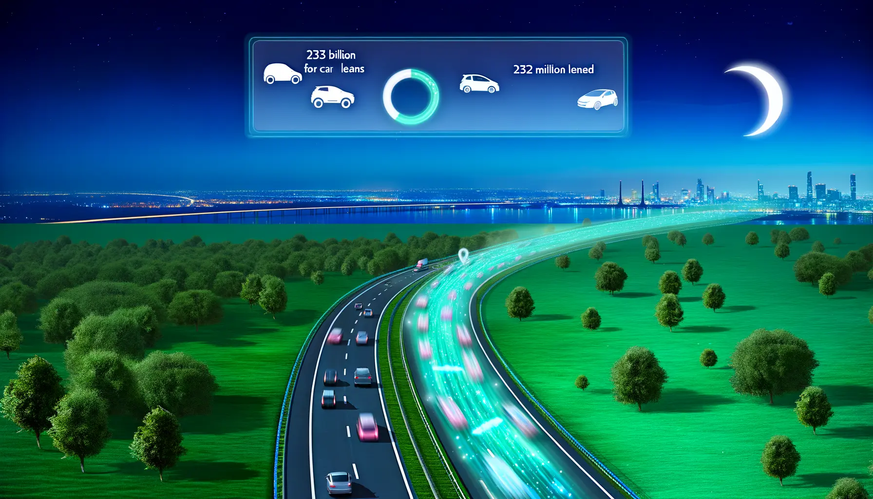 Futuristische Autobahn in grüner Landschaft