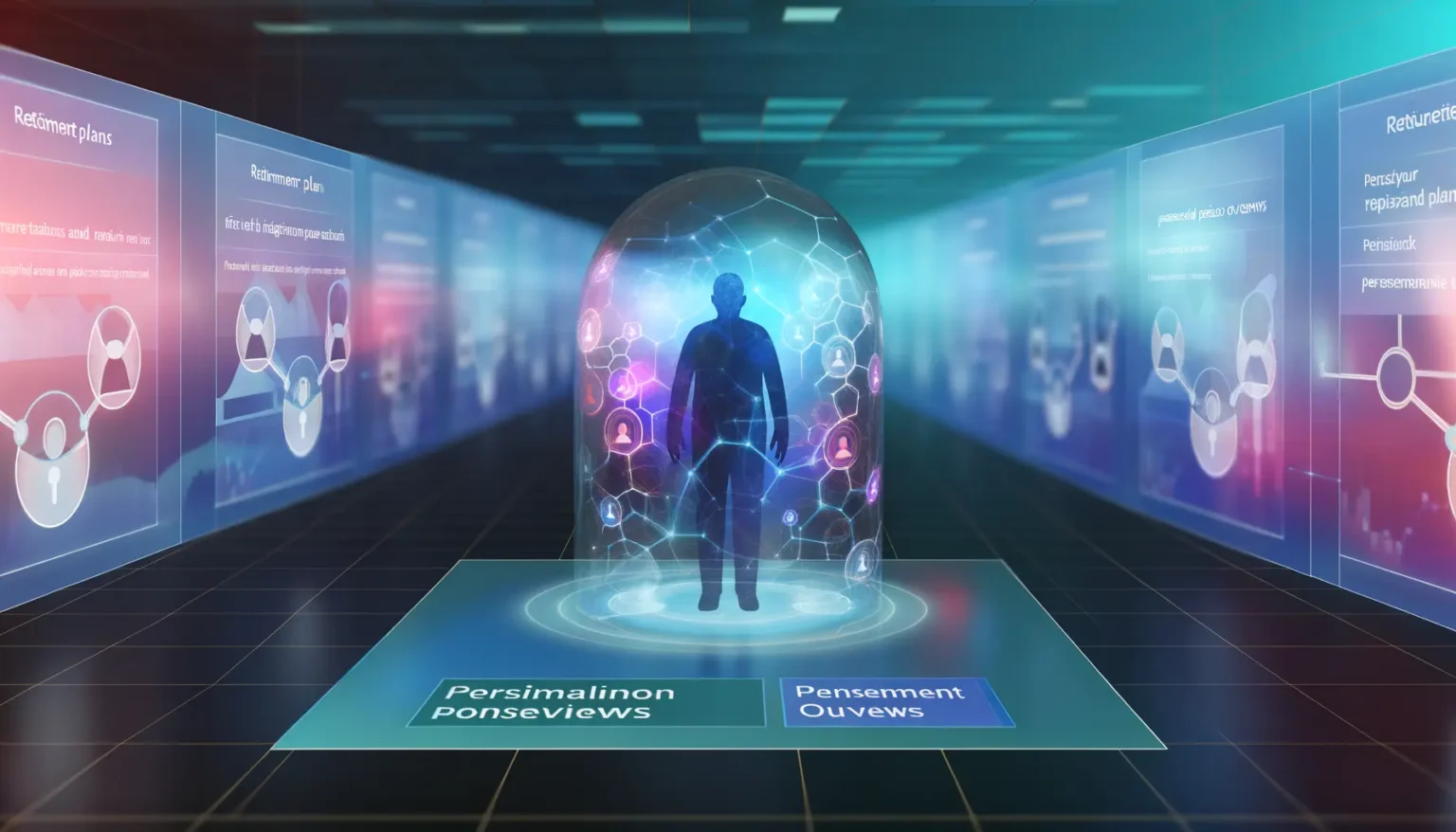 Ein futuristischer Raum mit einem menschlichen Silhouette innerhalb einer beleuchteten, transparenten Schutzkapsel, von verschiedenen Informationen und Schemata auf digitalen Displays umgeben. Das Ambiente ist von blauem und purpurnem Licht dominiert, was eine High-Tech-Atmosphäre schafft.