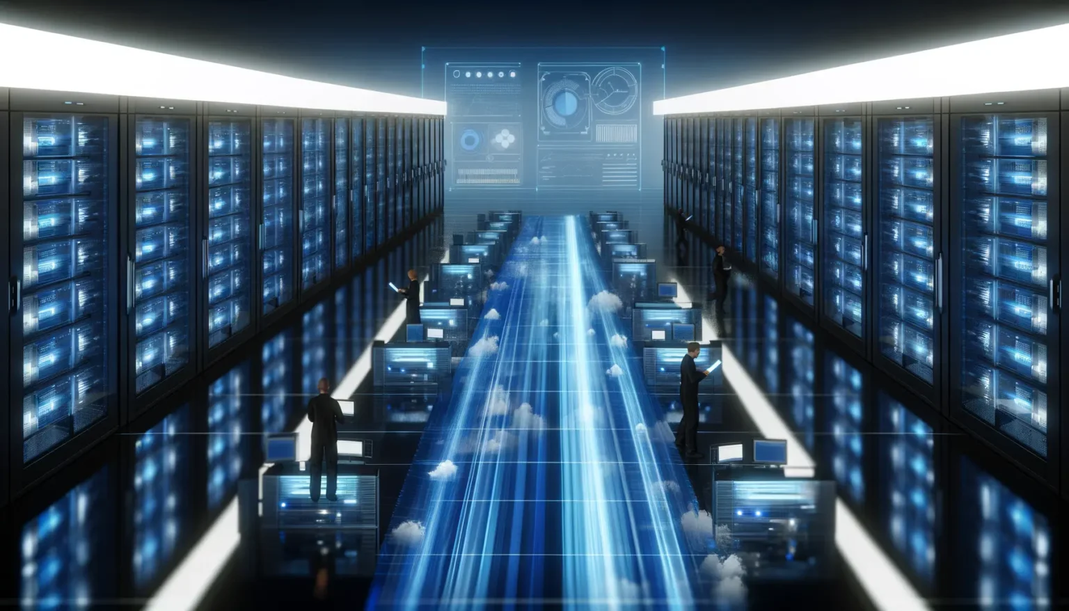 Futuristische Darstellung eines Serverraums mit Reihen von Serverschränken und Daten, die als blaue Lichtströme zwischen den Racks fließen. Personen in Anzügen interagieren mit holographischen Displays und überwachen die Datenaktivität.