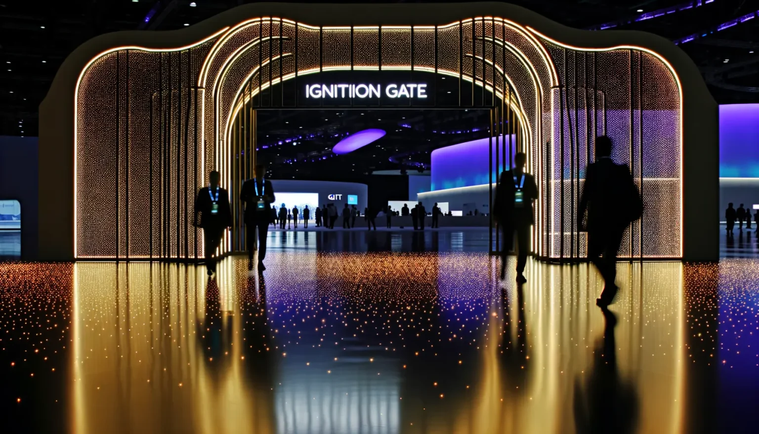 Eine futuristisch beleuchtete Eingangshalle mit dem Schriftzug "IGNITION GATE". Viele kleine Lichter spiegeln sich auf dem glänzenden Boden und erzeugen den Eindruck eines Sternenhimmels. Silhouetten von Menschen durchschreiten das Tor, was der Szene eine dynamische und lebendige Atmosphäre verleiht.