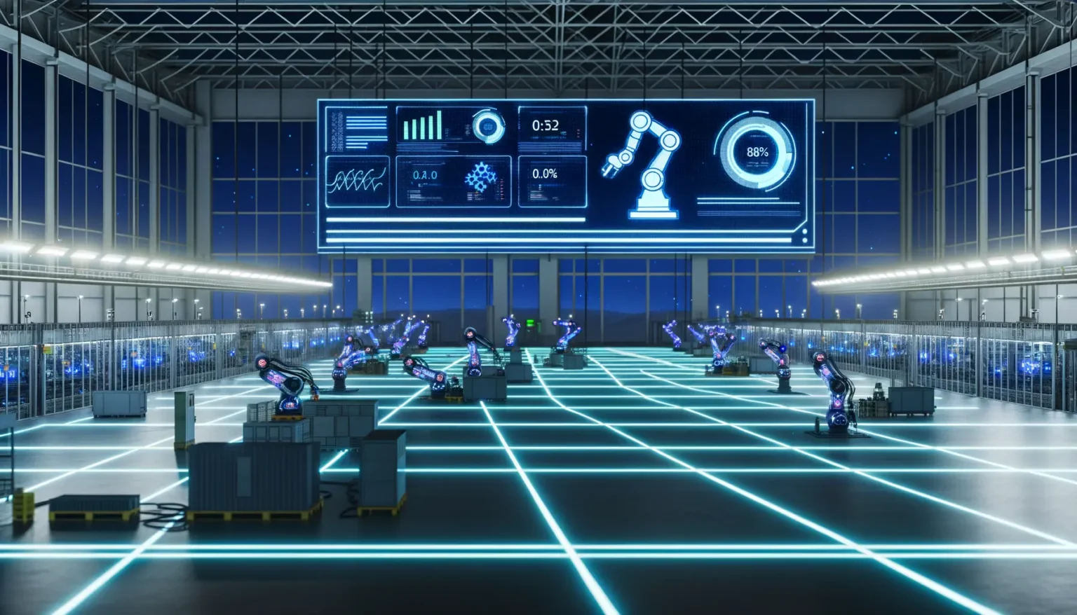 Moderne Fabrikhalle bei Nacht mit futuristischen, automatisierten Robotern, die Aufgaben an Arbeitsstationen ausführen. Leuchtende, neonblaue Linien markieren den Boden, und an der Wand werden digitale Anzeigen mit Diagrammen und Statistiken präsentiert.