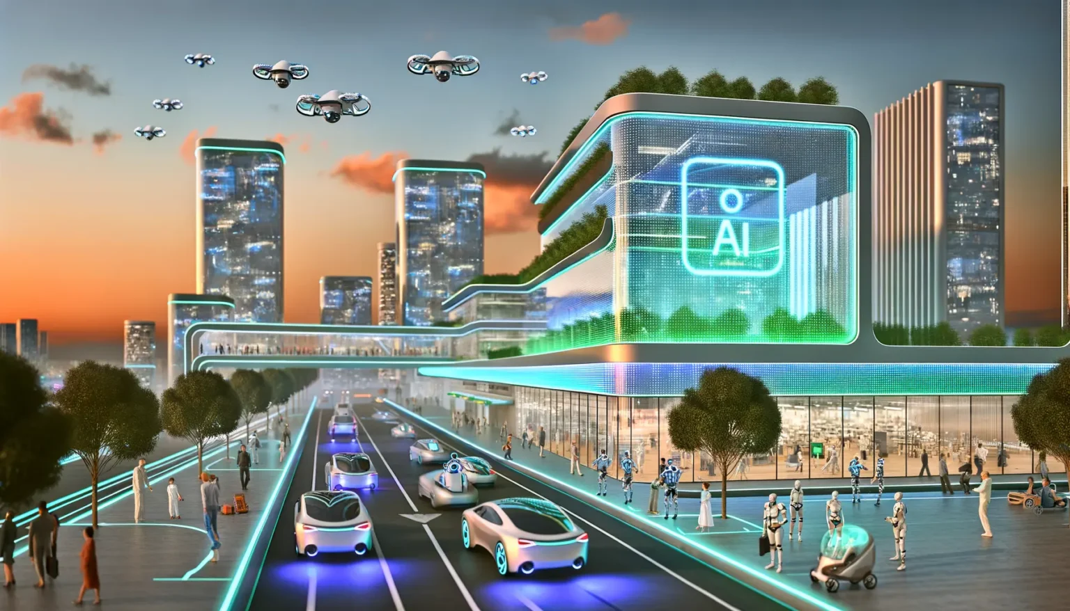 Illustration einer futuristischen Stadt bei Sonnenuntergang mit hohen Gebäuden und einem großen digitalen Konglomerat, das KI (Künstliche Intelligenz) symbolisiert. Die Straßen sind gefüllt mit autonom fahrenden Autos, und der Himmel ist bevölkert von fliegenden Fahrzeugen. Menschen und humanoide Roboter interagieren in einer harmonischen Umgebung, die reich an Natur und moderner Technologie ist.