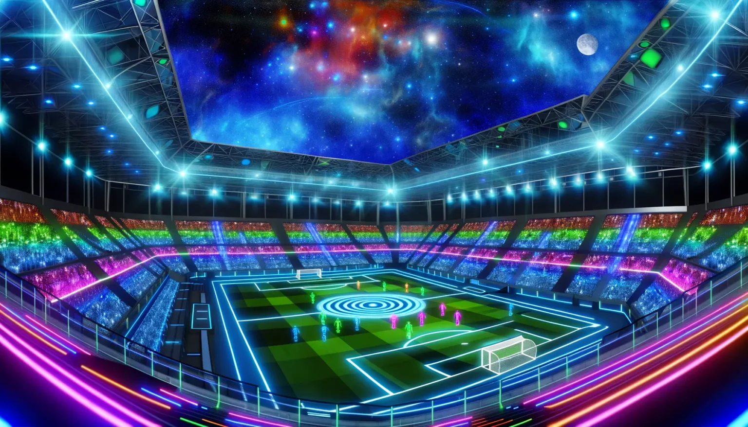 Eine futuristische Darstellung eines beleuchteten Fußballstadions bei Nacht mit einem künstlerisch gestalteten Spielfeld, das leuchtende Farben und Muster zeigt. Die Zuschauerränge sind mit bunten Lichteffekten gefüllt, und über dem Stadion breitet sich ein kosmischer Sternenhimmel mit Galaxien und einem hellen Mond aus. Lichtstrahlen in verschiedenen Farben ziehen sich dynamisch durch das Bild und verleihen der Szene eine energiegeladene und außerweltliche Atmosphäre.