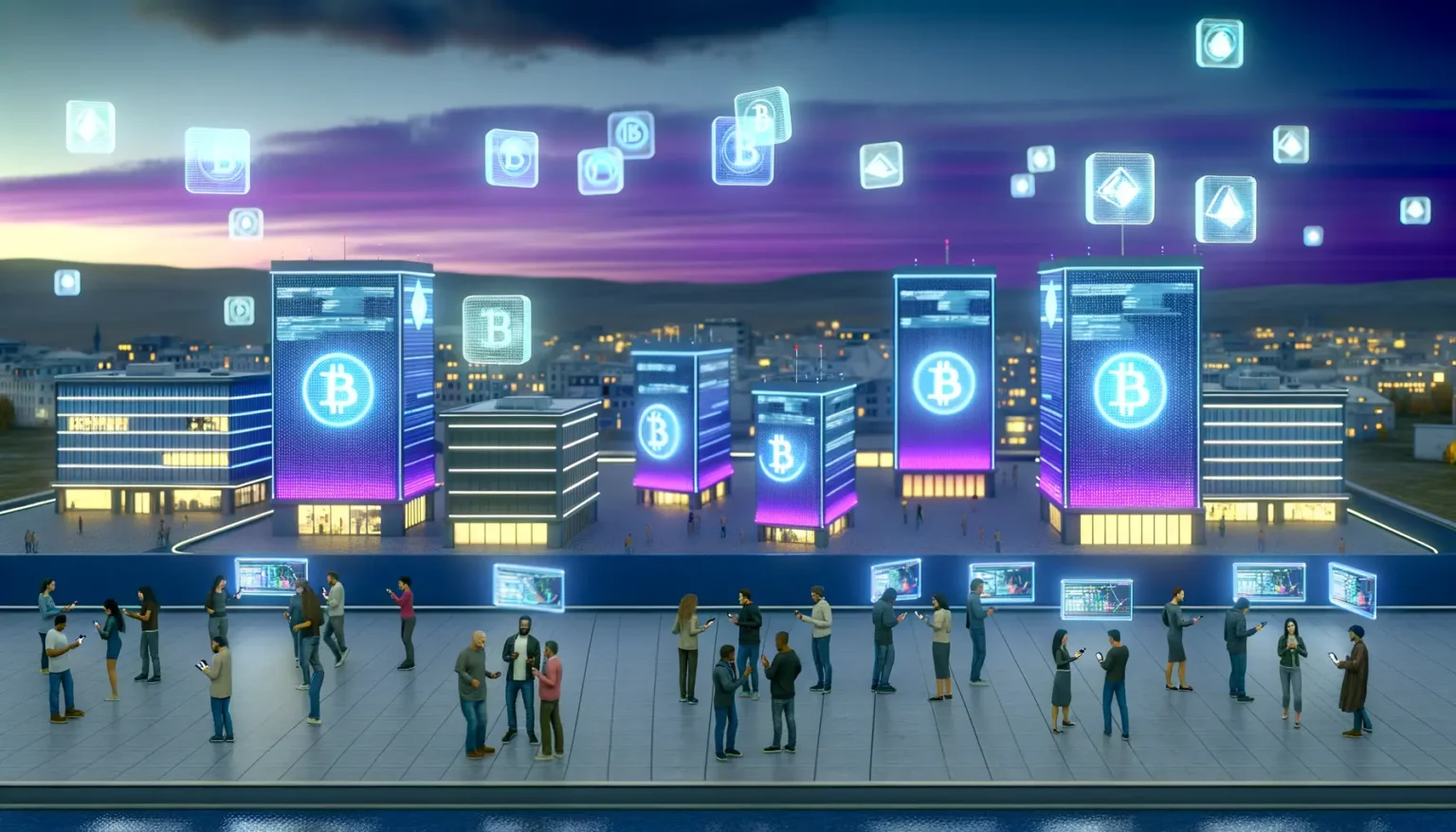 Eine futuristische Darstellung einer Stadt bei Dämmerung mit mehreren Gebäuden beleuchtet durch blaues Licht mit großen Symbolen für verschiedene Kryptowährungen wie Bitcoin und Ethereum, die in der Luft schweben. Menschen stehen auf einer öffentlichen Fläche und interagieren mit Smartphones und Tablets, während digitale Bildschirme Börseninformationen anzeigen.