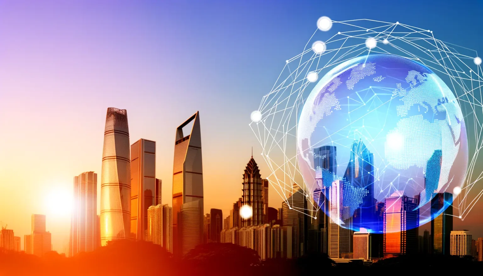 Eine futuristische Stadtsilhouette bei Sonnenuntergang mit illustrierten Netzwerklinien und einem digitalen Globus, der Konnektivität und globale Kommunikation symbolisiert.
