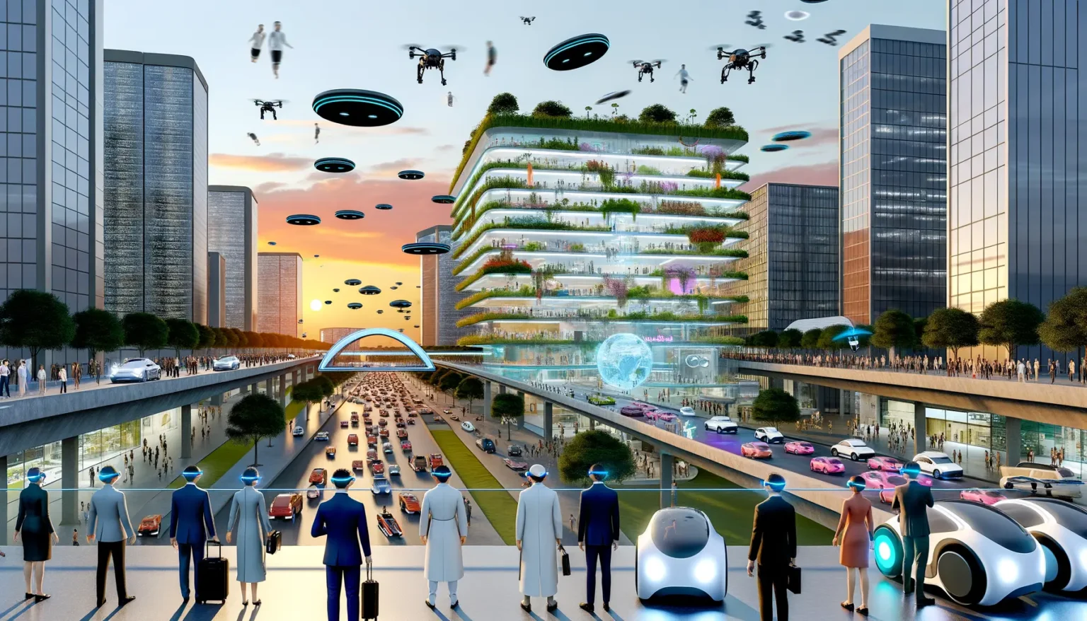 Futuristische Stadtansicht mit mehrstöckigen Gebäuden, deren Fassaden von Gärten überzogen sind. Menschen und humanoide Roboter stehen auf einer Aussichtsplattform und blicken auf eine belebte Straße mit herkömmlichen und autonomen Fahrzeugen. Im Himmel schweben verschiedene Drohnen und fliegende Autos. Der Himmel färbt sich von blau zu orange, während im Hintergrund ein glasüberdachtes Bauwerk und weitere hochmoderne Wolkenkratzer zu sehen sind.