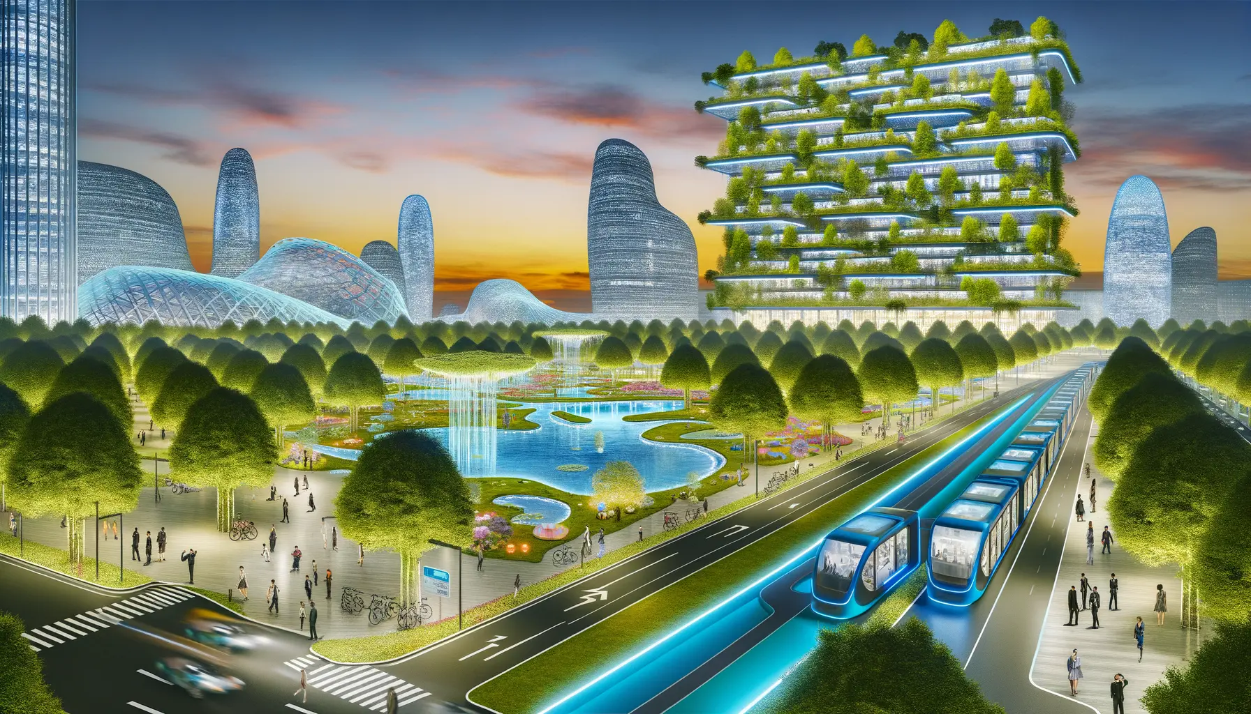 Vision einer futuristischen Stadt mit Balance zwischen Technologie und Natur