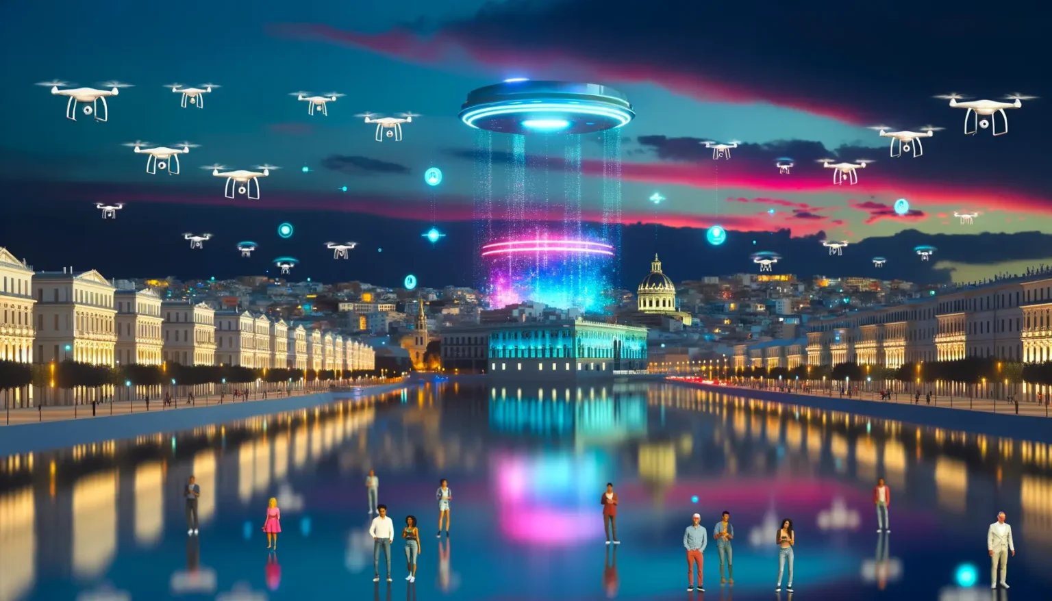 Eine futuristische Stadtansicht bei Nacht mit einem großen, beleuchteten UFO, das über einer Promenade schwebt, aus der ein strahlender Lichtstrahl auf die darunter liegende Straße fällt. Mehrere kleinere Drohnen fliegen im Himmel, und am Boden spiegeln sich die Lichter in einem ruhigen Gewässer. Menschen stehen auf der Promenade und beobachten das Geschehen. Im Hintergrund ist die Silhouette einer Stadt mit historischen Gebäuden zu erkennen.