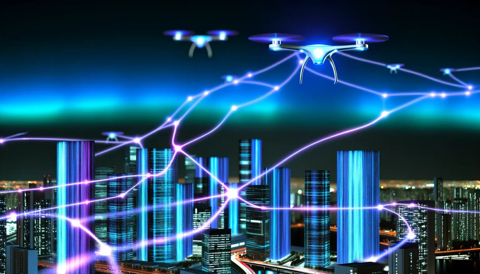 Digitale Illustration einer futuristischen Stadt bei Nacht mit beleuchteten Hochhäusern und mehreren Drohnen, die in der Luft schweben, verbunden durch leuchtende, dynamische Netzwerklinien, die Datenflüsse oder Kommunikationsverbindungen darstellen könnten.